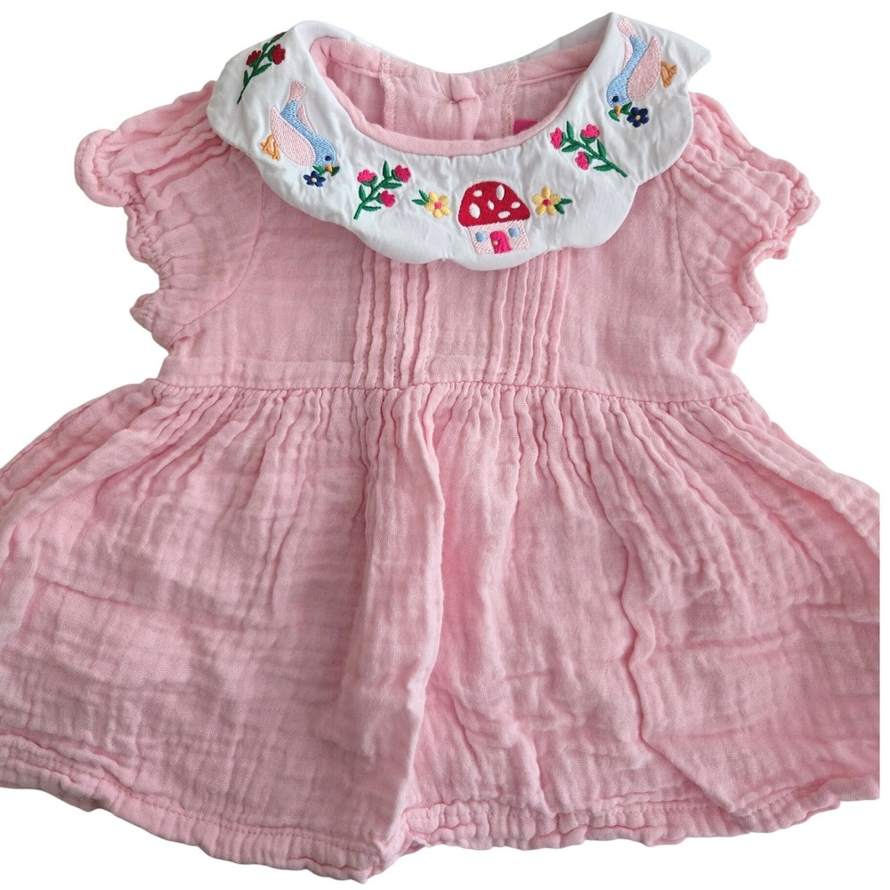 Good Lad Baby Girls Pink Gauze Embroidered Mushroom Bird Peter Pan Collar Dress